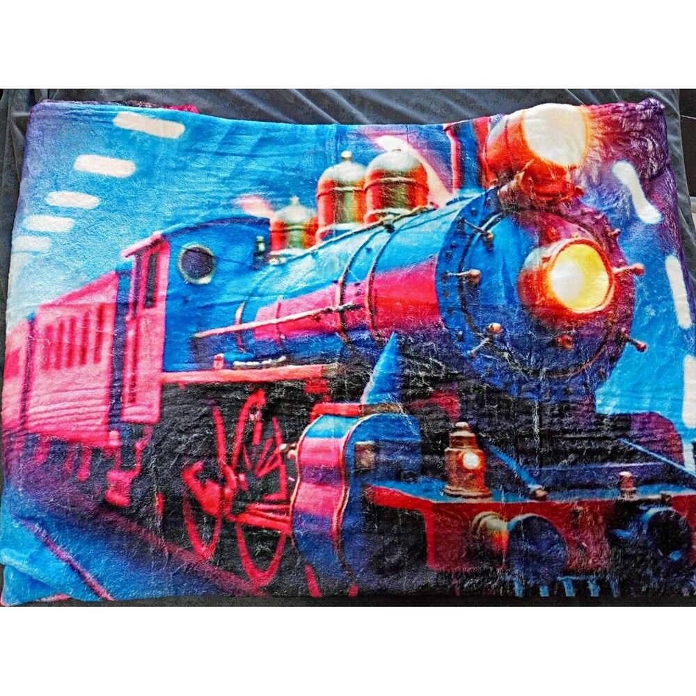 Train Print Polyester Fleece Throw Blanket 40 x 60 Blue Red White Machine Wash